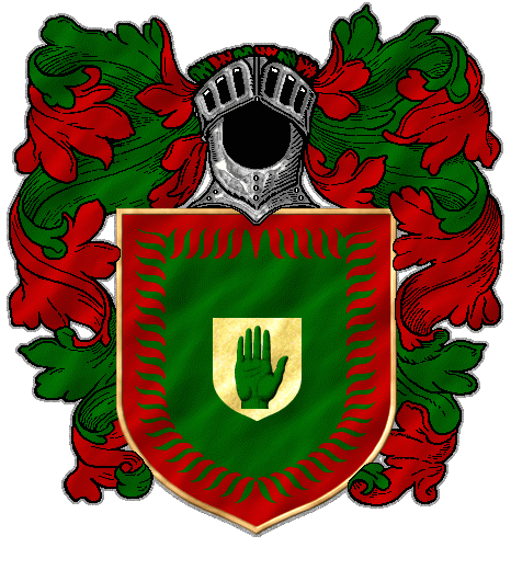 A green hand on a gold escutcheon on a green field, a border of red rayonne