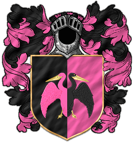 Per pale black and pink, a countercharged two-headed pelican