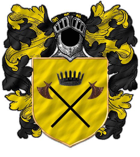 Two rusted longaxes with black shafts crossed, a black crown between their points, on yellow