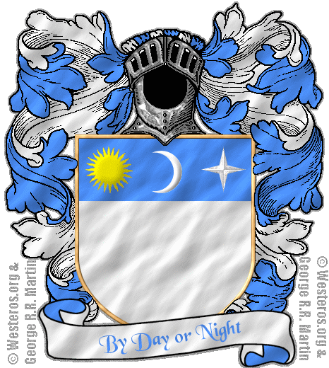 Yellow sun, white crescent moon, and silver star on blue chief above white