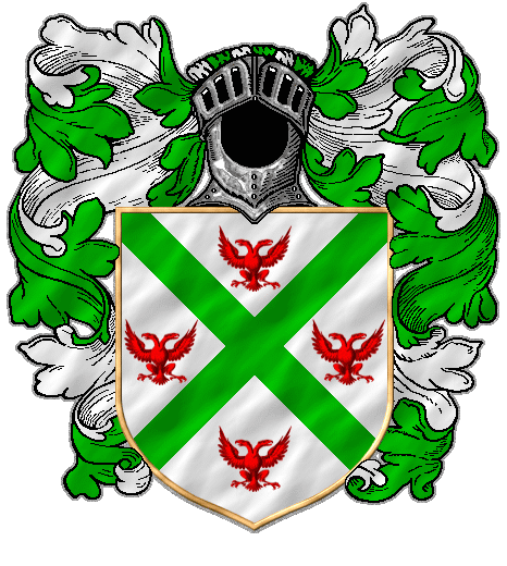 A green saltire between four red double-headed eagles on white