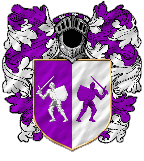 Per pale purple and white, two knights combatant with swords, counter-charged