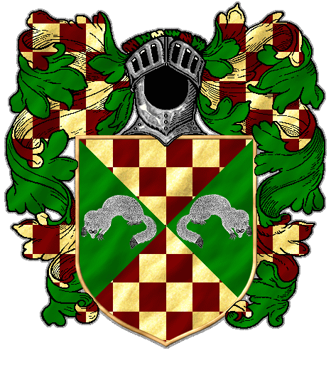 Per saltire, red and gold checks, a silver and black ferret on green