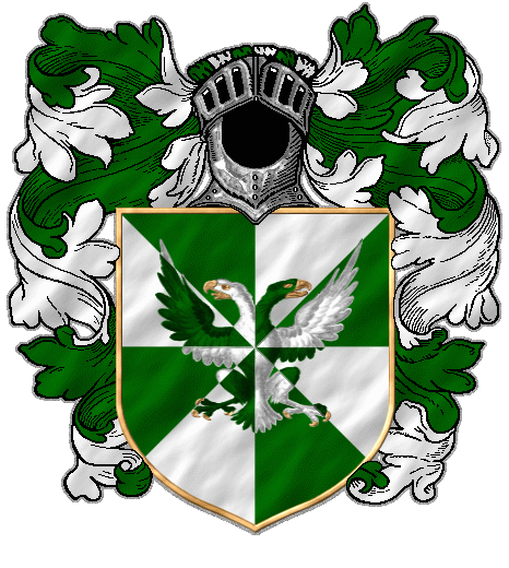 Green and white gyronny, a double-headed eagle counter-charged, gold beak and talons