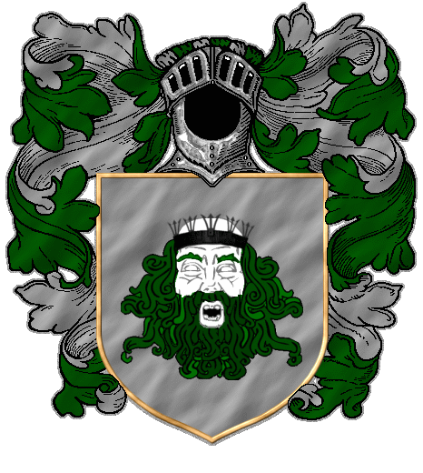 The sea king's head, white with dark green seaweed beard and hair, a black crown on a grey field