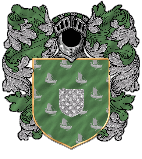 An iron escutcheon with silver studs on a grey-green field strewn with longships proper