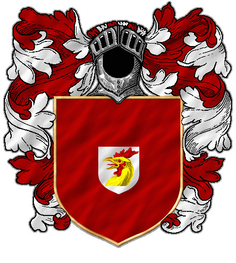 A yellow rooster's head with red comb, within a white escutcheon, on red