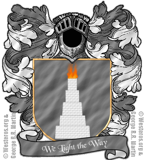 A white tower crowned with flames on smoke grey