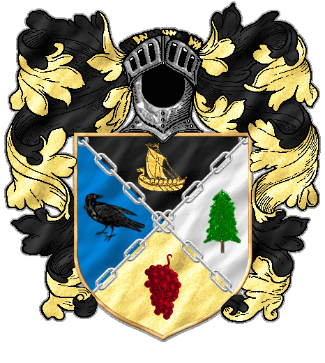 Per saltire: two heavy silver chains crossing between (clockwise) a gold longship on black , a dark green pine on white, a cluster of red grapes on gold, and a black raven flying in a blue sky