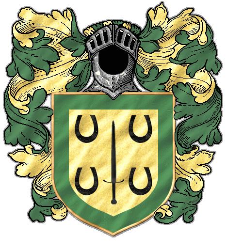 A black sword upright between four black horseshoes on gold, a grey-green border