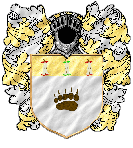 A bearpaw, brown on white, beneath three apple cores red, green, and red, on a golden chief