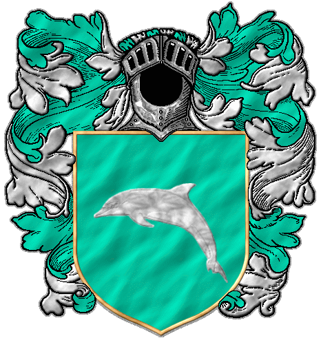 A silver dolphin on a blue-green field