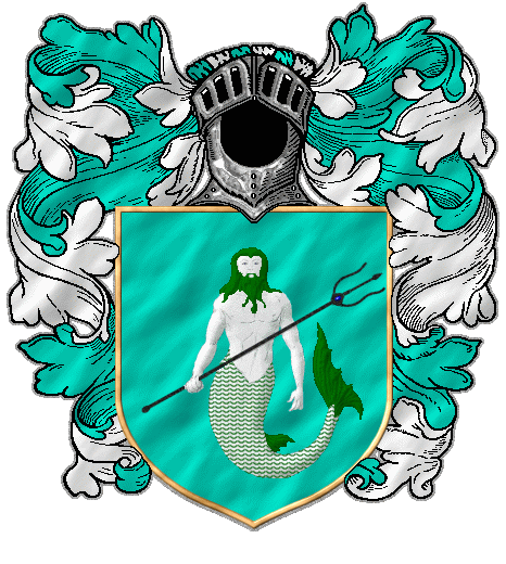 A white merman with dark green hair, beard and tail, carrying a black trident, on a blue-green field (© RMB)