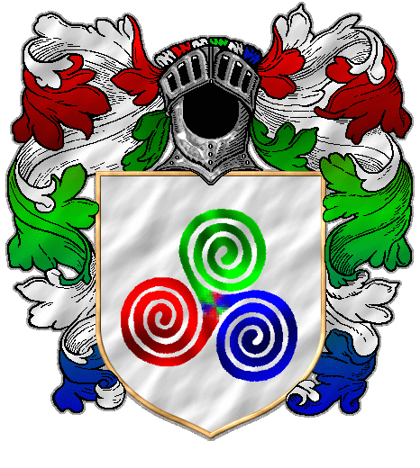 A triple spiral; red, green and blue, on white