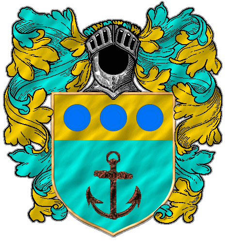 A rusty anchor on turquoise beneath yellow chief with three blue plates