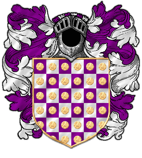Checkered purple and white, within each square a golden coin