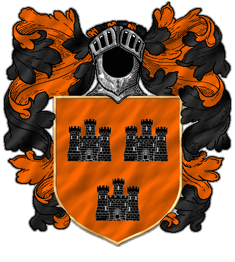 Three black castles on orange