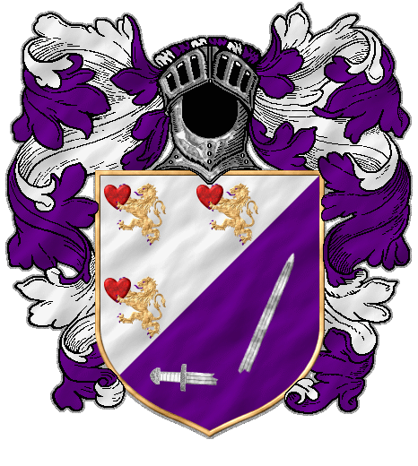 Per bend sinister, three red hearts and three gold lions on white, a broken sword silver on purple.  