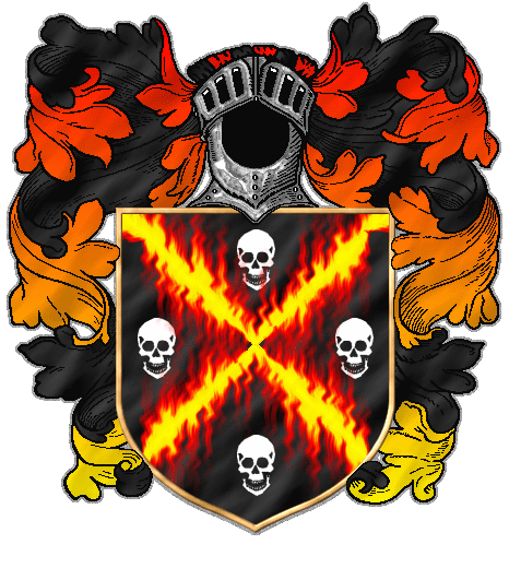 A flaming saltire, red and yellow, between 4 white skulls, on black