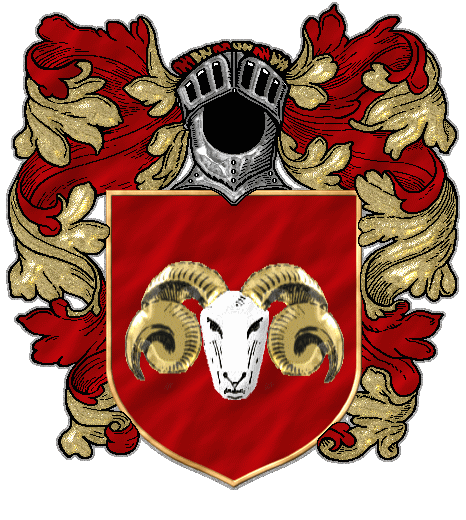 A white ram's head with golden horns on red