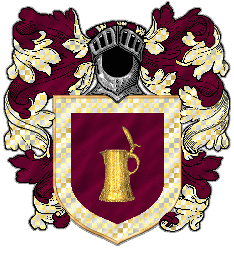 A golden flagon on burgundy, a border of gold and white checks