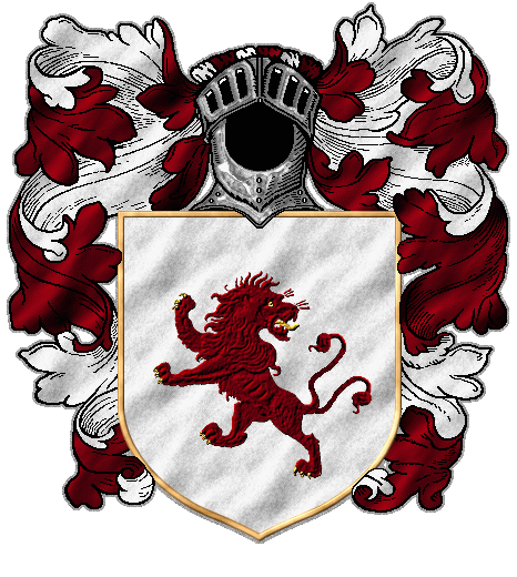 A red lion rampant regardant with a forked tail, armed and langued gold, on silver