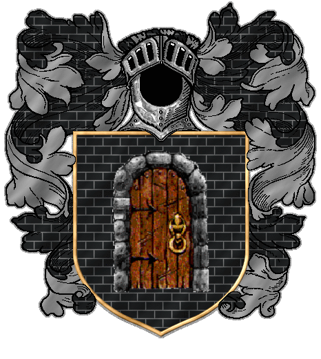 An oaken door banded with iron, in a grey stone doorway, on black masonry
