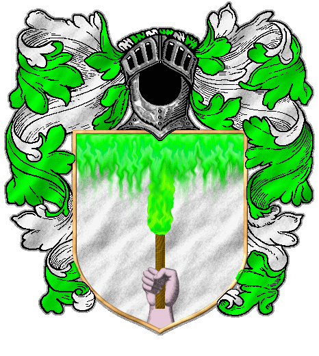 A hand holding a torch lit with green fire and a chief lit with green flames, on silver
