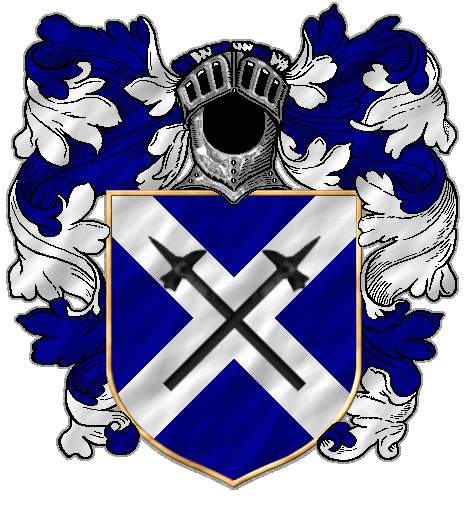 Two black warhammers crossed on a white saltire on blue