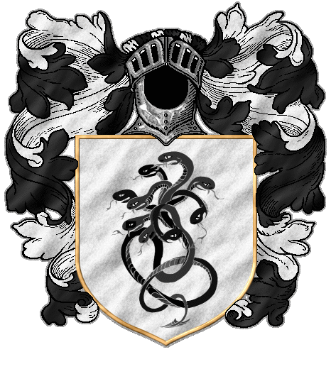 A nine-headed serpent, black on silver