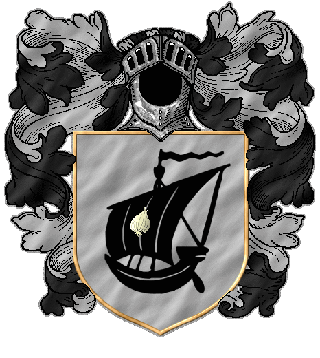 A black ship, an onion proper on its sail, on pale grey
