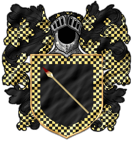 A bloody spear, gold on black, with a border of checkered gold and black