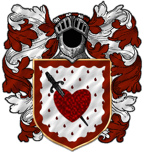 A black dagger piercing a red heart on white de sang within an undulating red border