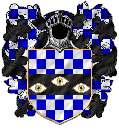 Checkered blue and white, on a black fess three golden eyes
