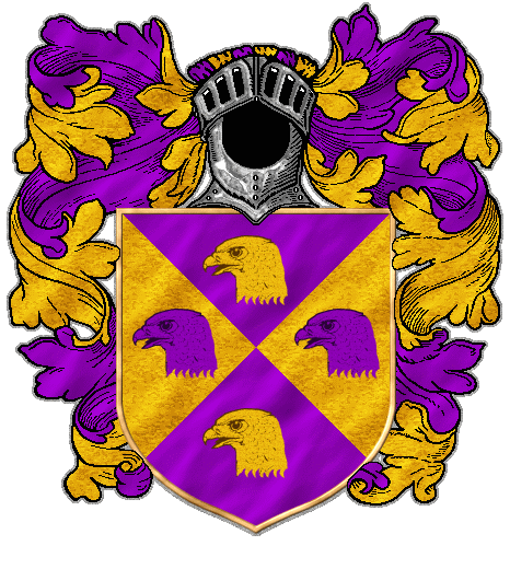 Per saltire purple and gold, four hawks' heads countercharged