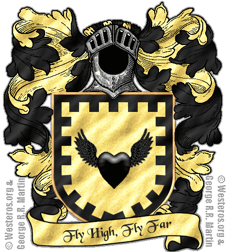 A winged heart, black on gold, within a black bordure embattled