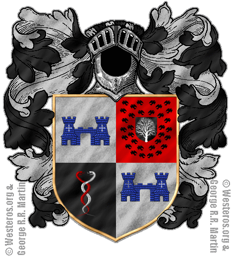 Quarterly: a blue castle on silver-grey in I and IV, a flock of ravens on scarlet surrounding a dead weirwood upon a black escutcheon in II, red-and-white twining snakes on black in III