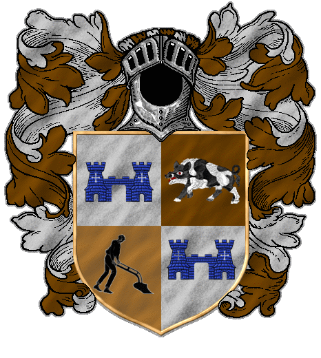 Quarterly: a blue castle on silver-grey in I and IV, a black and white brindled boar on brown in II, a black plowman on brown in III