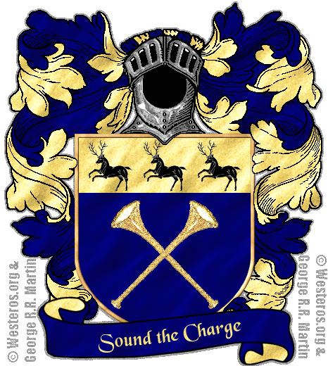 Two golden trumpets crossed on blue, a gold chief with three black stags