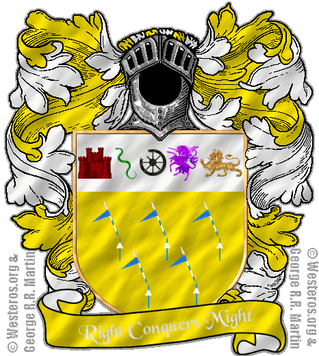 5 splintered lances, 3-2, striped blue and white with blue pennons, on yellow, beneath a white chief bearing a red castle, a green viper, a black broken wheel, a purple unicorn and a golden lion